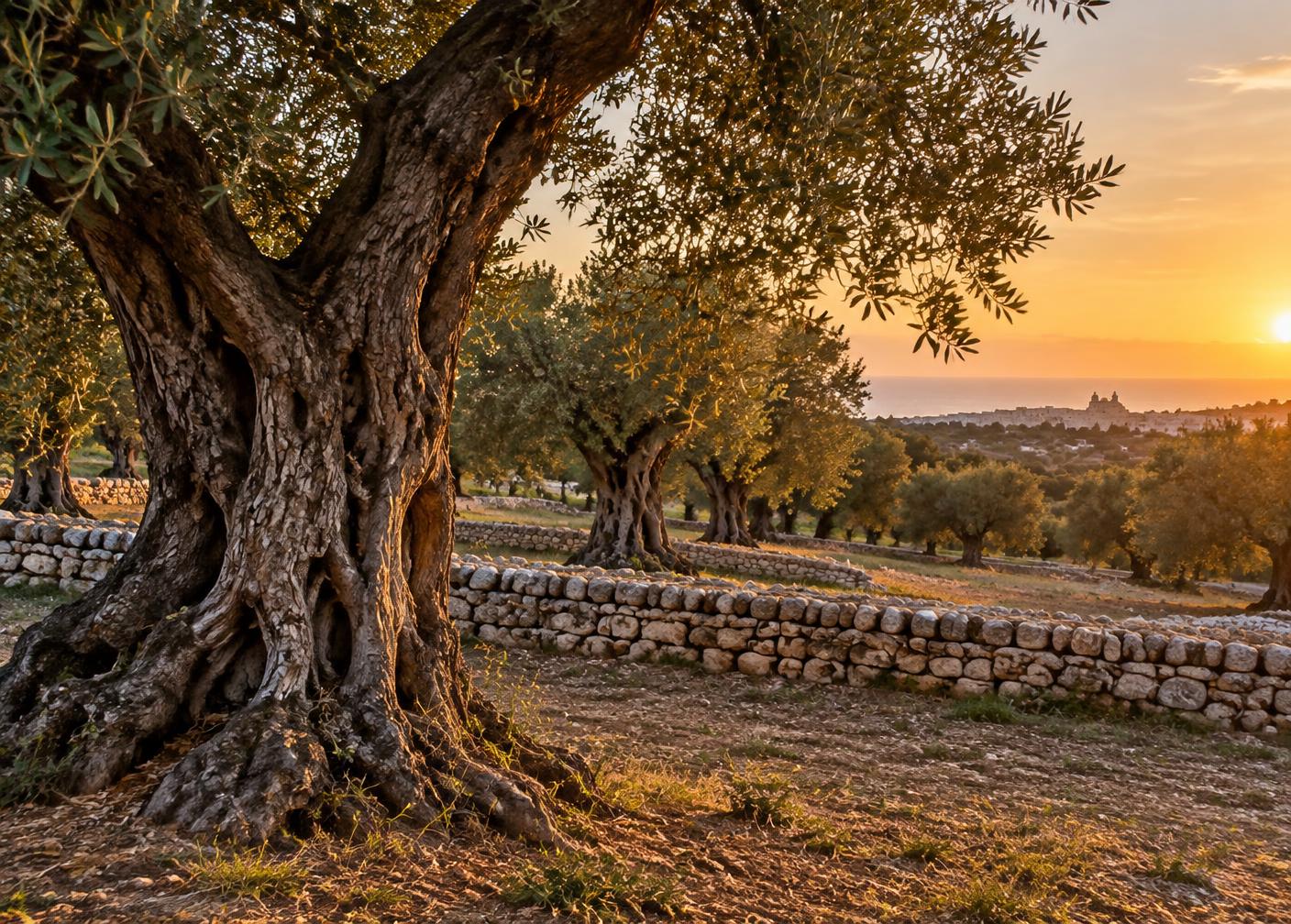 Uliveto secolare del Mediterraneo alla luce del tramonto