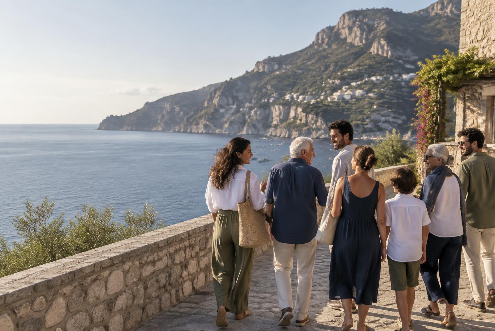 Persone di generazioni diverse camminano insieme lungo la costa mediterranea