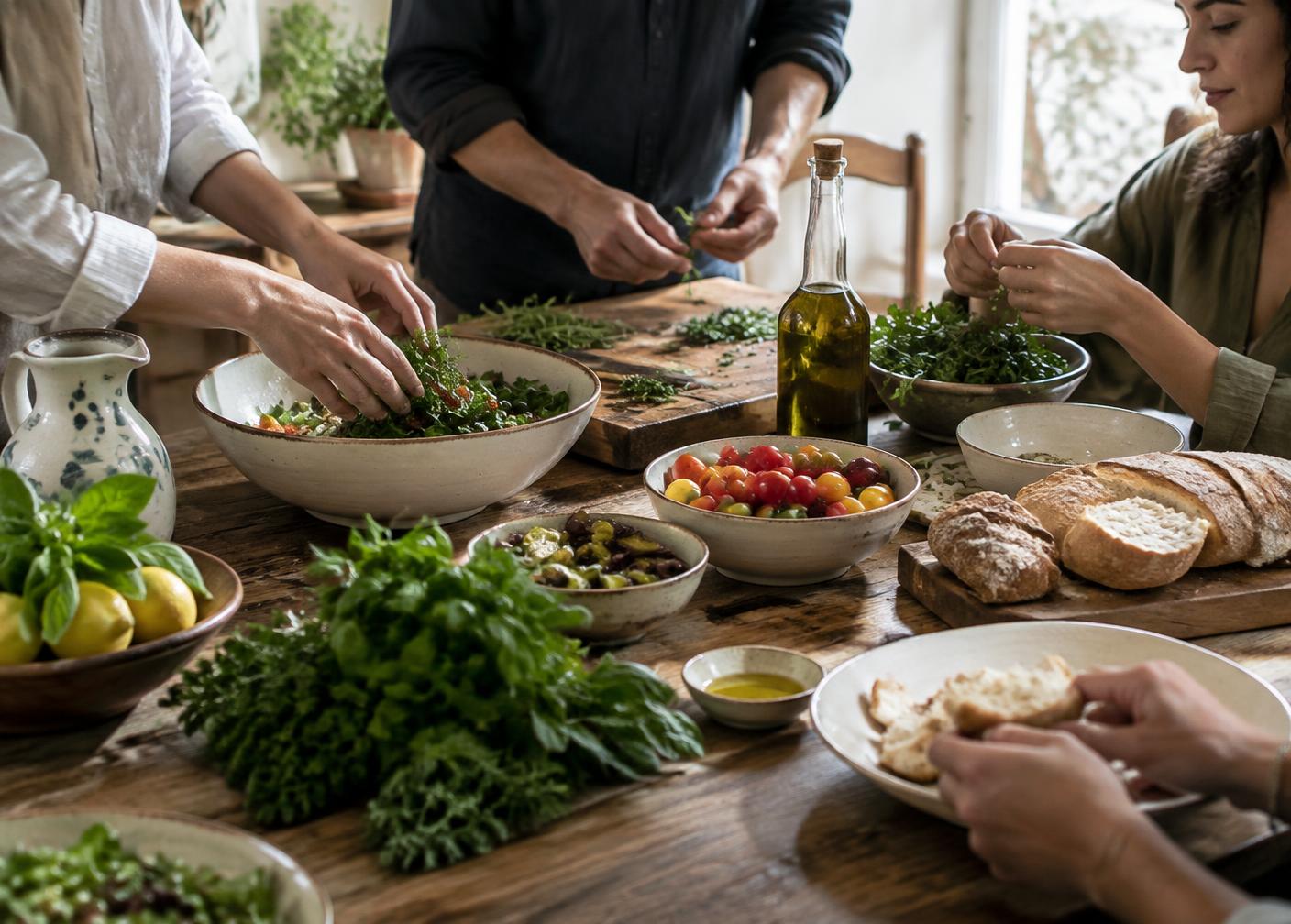 Preparazione condivisa di cibo mediterraneo